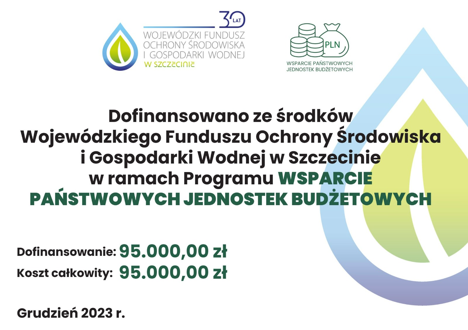 Grafika wskazująca tytuł projektu dofinansowanego z WFOŚiGW w Szczecinie wraz z jego wartością i miesiącem podpisania umowy